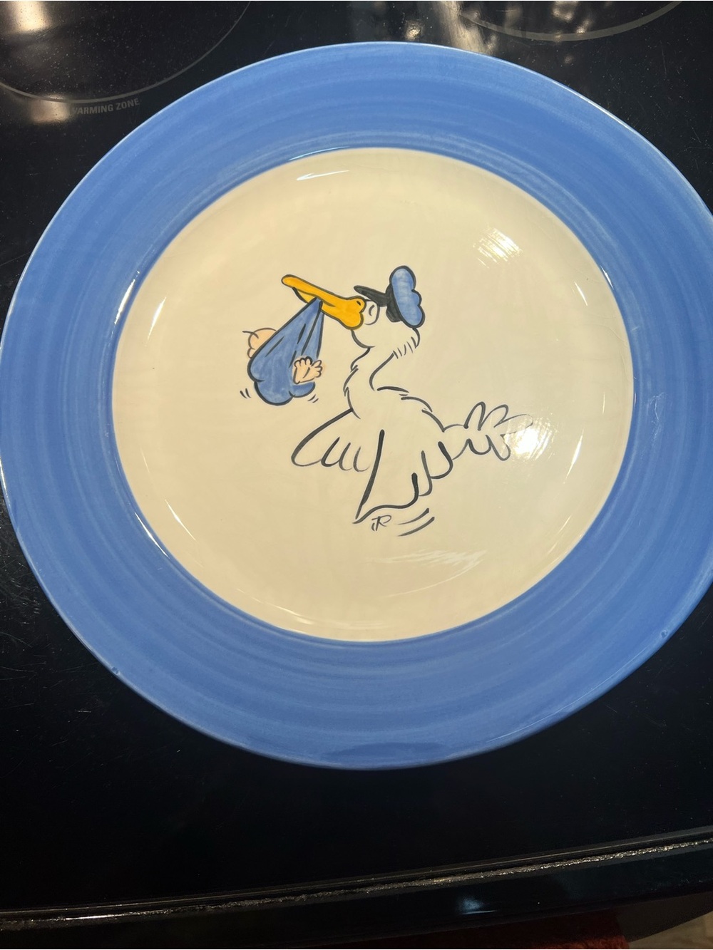 Vintage Hand-Painted Stork Baby Plate in Blue and Cream. Signed by Artist